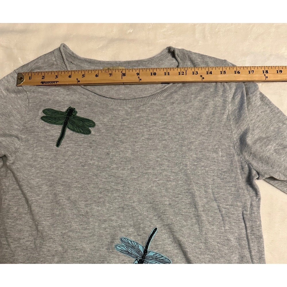 Democracy Womens Gray Dragonfly Embroidered Bell Sleeve Cotton Sweater Top L - Picture 13 of 15